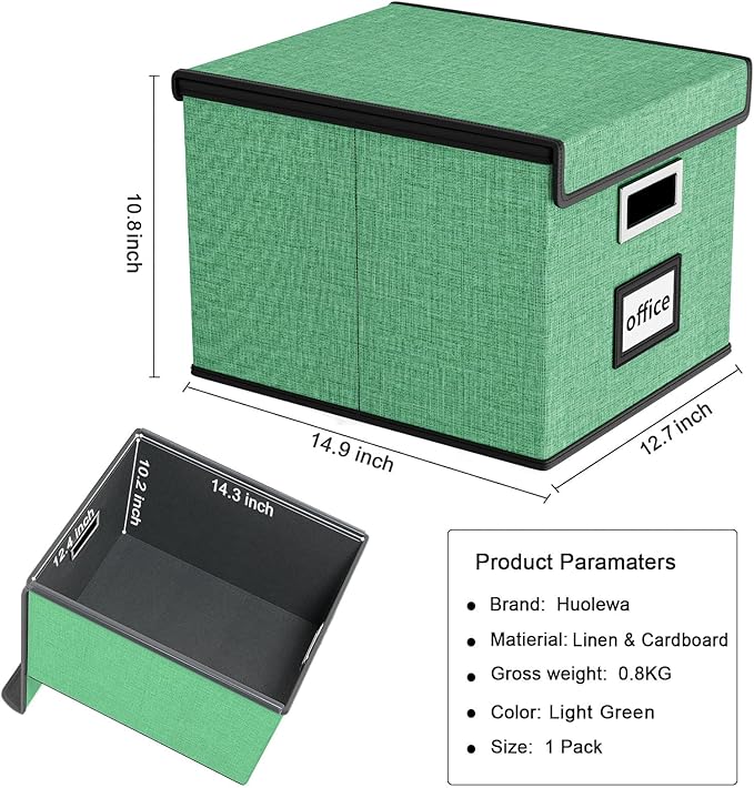 Huolewa File Organizer Box with Lid, Collapsible File Folder Organizer for Office Document Storage, Filing Box with Plastic Slide for Letter Size Hanging File Folders(1 Pack, Light Green)