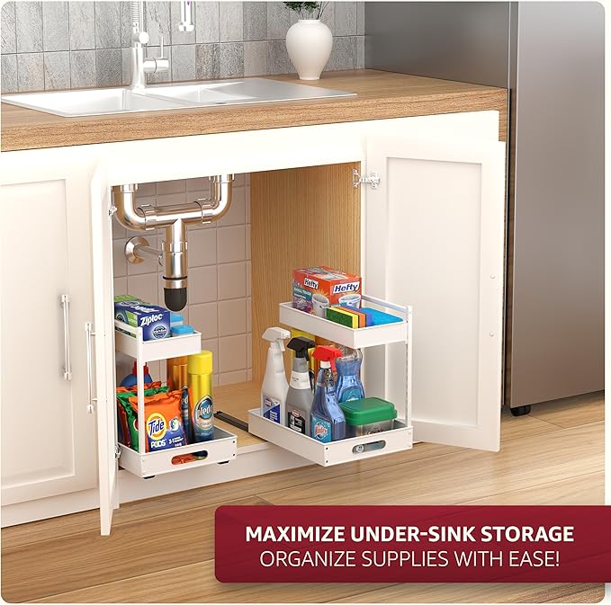 Sorbus Under Sink Organizer with Sliding Tracks – Pull Out Cabinet Organizer with Drawer & Installation Rails – Under Cabinet Bathroom Storage Organizer for Kitchen, Pantry, or Vanity –White 1 Pack
