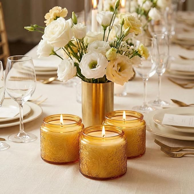 9-Pack 10 oz Sun Moon Star Embossed Glass Candle Jars with Mirror Lids and Labels - Unique Orange Candle Containers with Lids for Candle Making