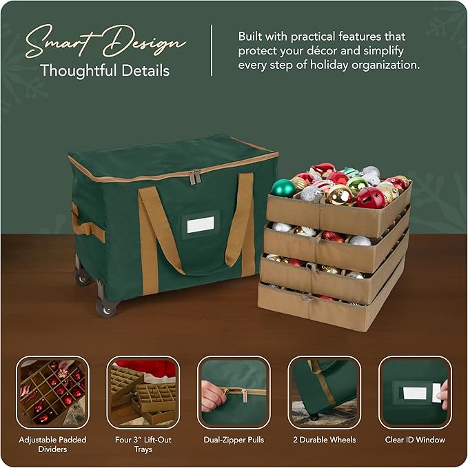 Covermates Keepsakes Rolling Adjustable Ornament Storage Bag – Heavy-Duty Polyester, FlexGrid Trays & Padded Dividers – Protective Holiday Organizer with Wheels, Handles & ID Window, Green