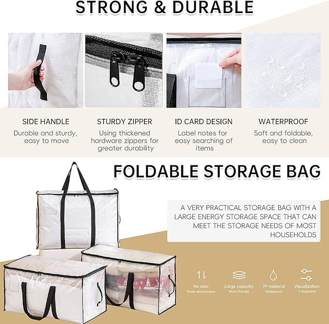 4 Pack 95L Large Capacity Heavy Duty Foldable Storage Bags - Handheld Totes with Double Zippers, Side Handles & ID Label Slot, Waterproof PP Fabric for Quilts, Clothes, Toys & Household Organizing