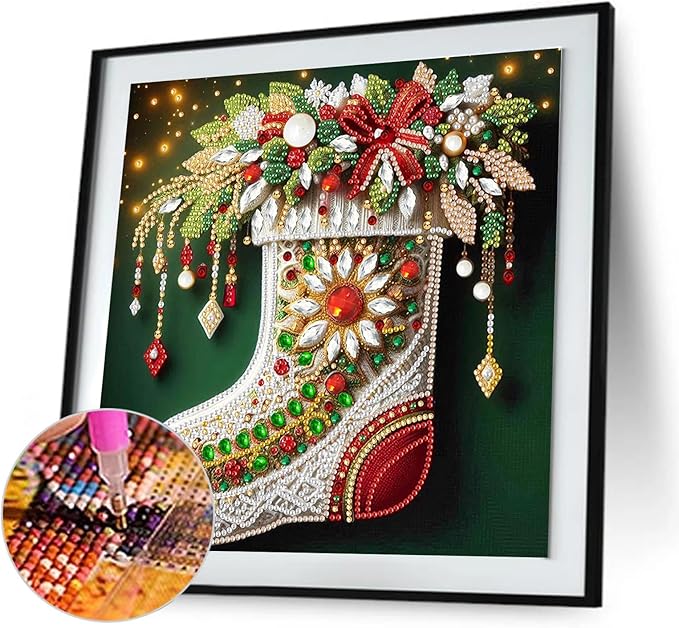 Christmas Sock 5D Special Shape Diamond Art Kits for Beginners, Christmas Winter Theme Diamonds Painting Kits for Adults,DIY Crystal Rhinestones Diamond Paintings for Home Wall Decor 12×12Inch