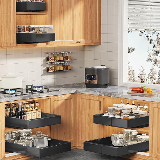 4 Pack Expandable Pull Out Cabinet Organizer 21" Deep With Raising Pad for Framed Cabinets,Upgrade 3 Slide Rails Slide Out Drawers,No Drill Roll Out Shelves,Adjustable Width 9"-14" Black
