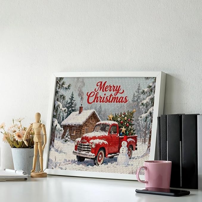 AIVKIEJK Diamond Painting Kits for Adults - Christmas Red Truck with Snowman, Snowy Cabin & Tree Painting DIY 5D Full Drill Diamond Dots Paintings with Diamonds Gem Art and Crafts Home Decor 16"x20"