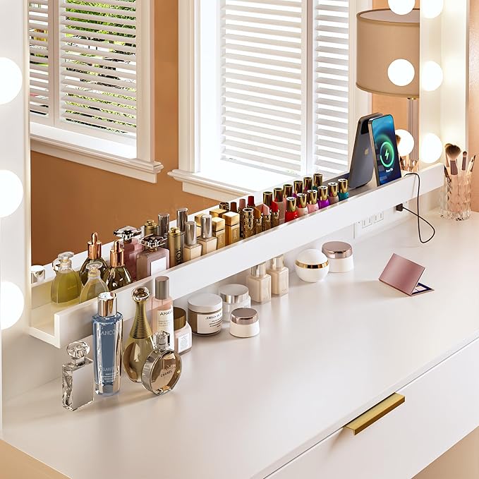 ALEXNUTRE Vanity Desk with Mirror and Lights, Makeup Vanity with Large Mirror & 13 Lights, White Vanity with 5 Drawers, 3 Lighting Modes Adjustable, Vanity Desk with Power Outlet for Bedroom