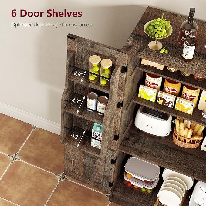TEENFON Storage Cabinet with 4 Doors, 43.3" H Farmhouse Kitchen Cabinet with 6 Door Shelves, Kitchen Storage Cabinets with Adjustable Shelves, for Living Room, Antique Oak