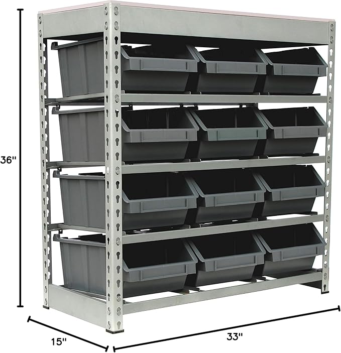 King's Rack Bin Rack Boltless Steel Storage System Organizer w/ 12 Plastic Bins in 4 tiers