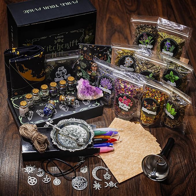 Witchcraft Supplies Kit for Spells, 56 PCS Witch Box Include Dried Herb Crystal Candles Amethyst Cluster Parchment, Wiccan Supplies and Tools, Beginner Witchcraft Kit Witch Stuff for Pagan Rituals
