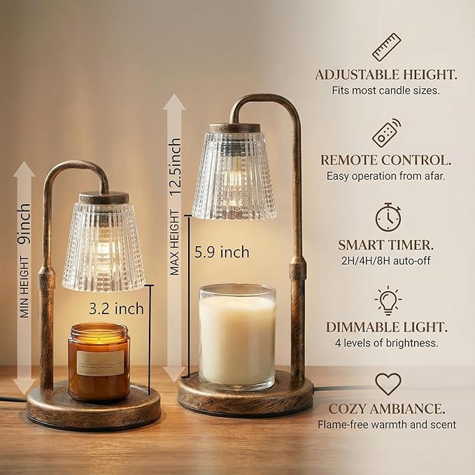 Candle Warmer Lamp with Timer & Dimmable,Wireless Remote Control Candle Warmer, Height Adjustable Wax Warmer Lamp for Jar Candles,Gifts for Women/Mom,Modern Home Decor. (Bronze)