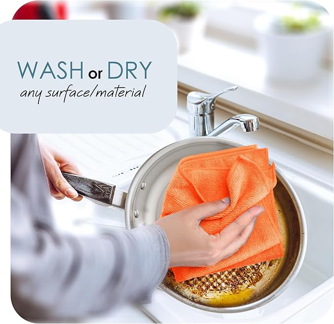 Hearth & Harbor Microfiber Cleaning Cloth for Cars 12 Pack Washcloths, Orange Cleaning Rags, Reusable Microfiber Cloth Rags for Cleaning, Lint Free Cloth, 12''x12'' (V-HH-Cloth-M-12-Org)