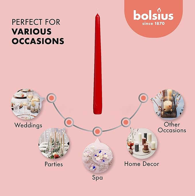 BOLSIUS 10 Count Unscented 10 Inch Red Household Taper Candles - 8 Hours Burn Time - Premium European Quality - Smokeless Dripless Taper Candlestick - Great for Special Occasion, Church, and Everyday