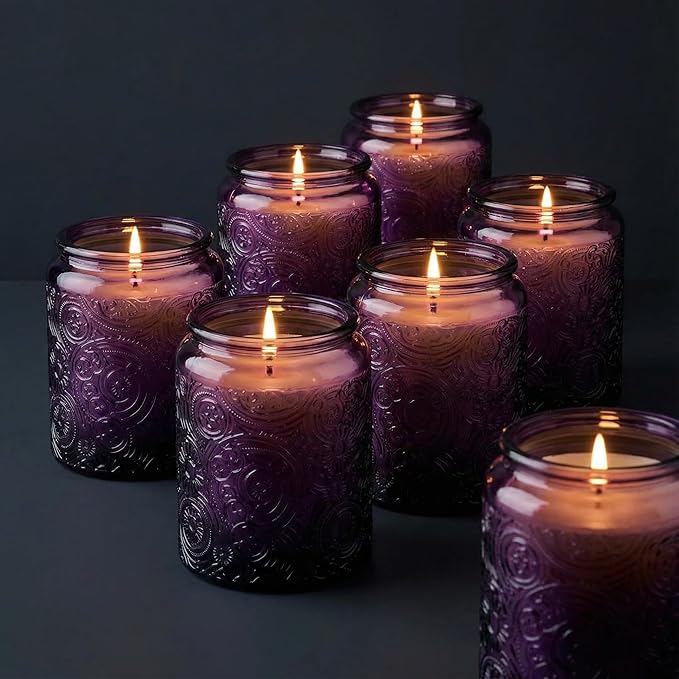 9-Pack 8oz Embossed Glass Candle Container with Bamboo Lids and Labels, Purple Candle Jars for Making Candles, Sun Moon Star Design