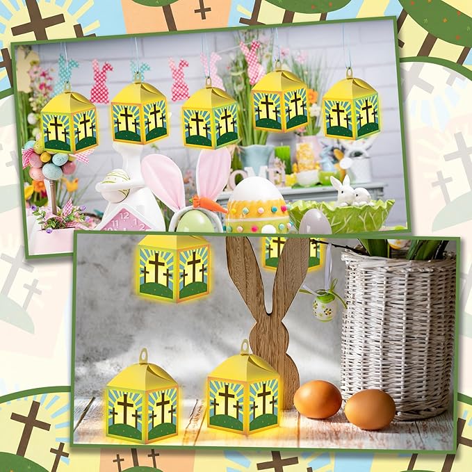 Simgoing 24 Sets Easter Crafts with LED Candle Light He is Risen Tissue Paper Resurrection Craft DIY VBS Christ Suncatchers Lanterns Hanging for Fun Home Activities Sunday School Christian Decoration