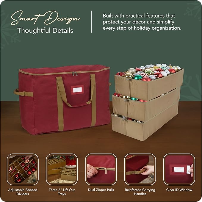 Covermates Keepsakes Adjustable Ornament Storage Bag – Heavy-Duty Polyester, Padded Dividers & FlexGrid Trays – Protective Holiday Ornament Organizer with Handles & Label Window, Red