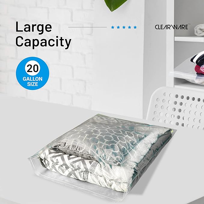 12 Count - Large Plastic Bags With Zipper Top, 20 Gallon Size 24" x 32", Extra Large Storage Bags, For Clothes, Travel, Moving, BPA-Free, Heavy Duty 3-Mil Thick