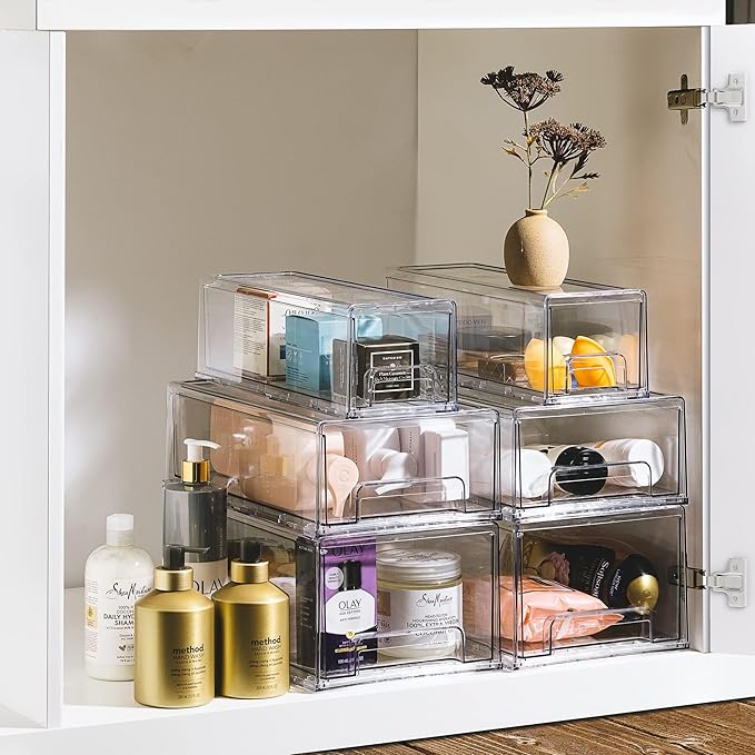 Sorbus Medium Clear Storage Drawers (6 Pack) – Stackable Organizer Drawers for Fridge, Pantry, Kitchen – Pull-Out Storage Bins with Handles, Slide Out Acrylic Drawers