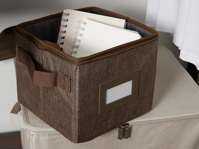 Covermates Keepsakes Zip-Top Storage Box Set, 3 Pack Heavy Duty Polyester Organizer Bins, Stackable Design, ID Window, Reinforced Handles, Closet Home Storage, Brown Heather
