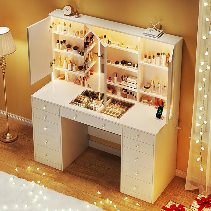 HUAHUU Vanity Desk with Mirror and Lights, 50" Makeup Vanity with Glass Top & Power Outlet, White Vanity with 11 Drawers & 8 Hidden Storage Shelves, 3 LED Lighting Modes Adjustable for Bedroom