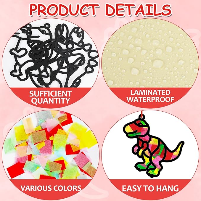 Qyeahkj 36 Set Dinosaur Suncatchers Crafts for DIY Dinosaur Tissue Paper Crafts Window Stained Glass Effect Dino Hanging Decor Home Creative Activity Art Projects Birthday Party Favor Gift