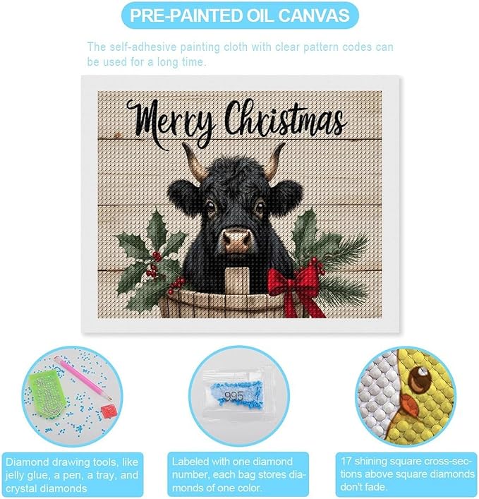 AIVKIEJK Diamond Painting Kits for Adults - Highland Cow Merry Christmas Painting DIY 5D Full Drill Diamond Dots Paintings with Diamonds Gem Art and Crafts Home Decor 16"x20"