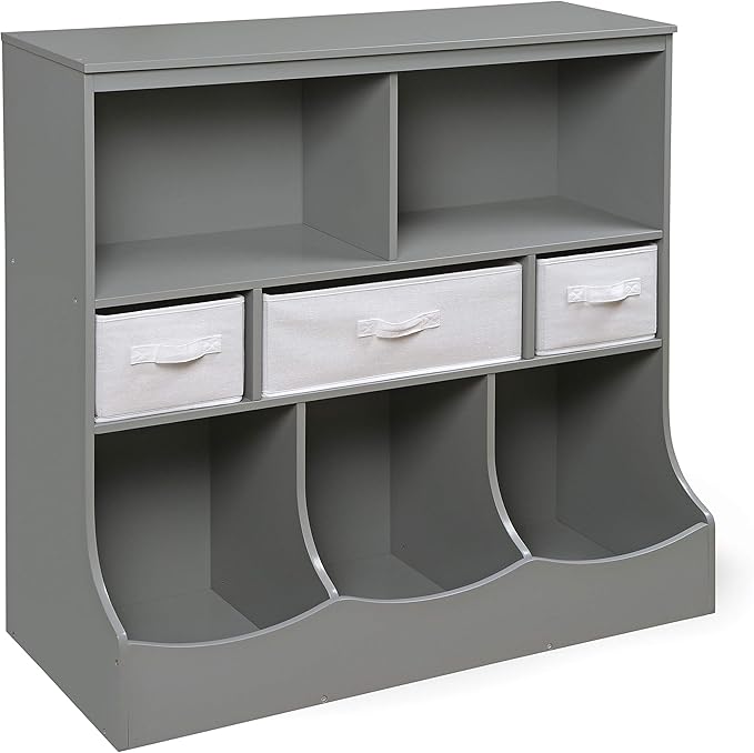 Badger Basket Combo Toy Storage Organizer and Bookshelf - Kids Storage Unit with 3 Removable Baskets, Open Shelves, Top Display Surface - Gray Cloud