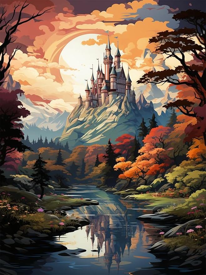 Meothan Paint by Numbers Kits, DIY Paint by Numbers for Adult Beginners, Watercolor Castle Paint by Numbers Kits on Canvas for Home Wall Decor 12''x16''