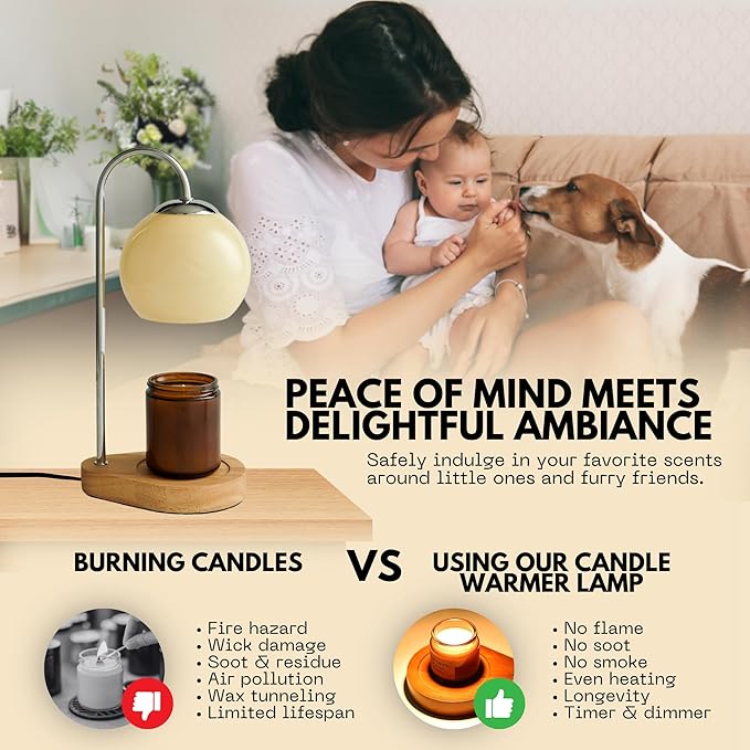 Modern Candle Warmer Lamp with Timer and Dimmer, Dimmable Electric Candle Lamp Warmer, Wax Melt Warmer, Glass with Wood Base, Home Decor Gifts 2 Bulbs Included (Beige and Natural Wood Base)
