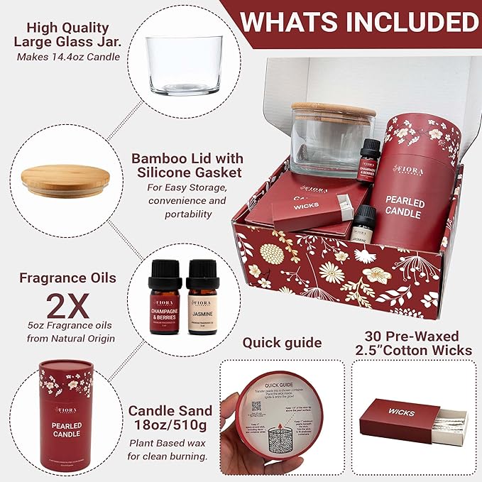 Pearled Candle Sand Mothers Day Gift for Mom, 18oz Sand Wax, 30 Wicks, 2X Natural Fragrance Oils + Large Glass Jar Included, Smoke Free Powder Snow Candles, Upto 120 Hours Burn Time, Candle Making Kit