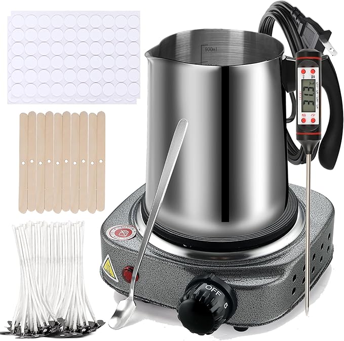 Candle Making Kit, Wax Melter For Candle Making, DIY Candle Making Supplies For Adults,Beginners, Including 500w Electric Stove, 900ml Melting Wax Pouring Pot, Candle Wick, Thermometer, Spoon(Gray)