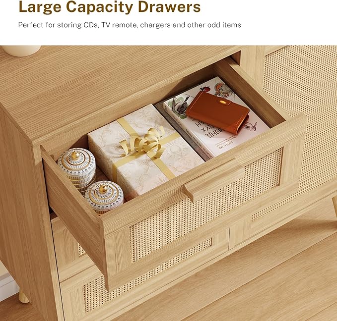 TEENFON Storage Cabinet with Rattan Door & 3 Drawers, Rattan Cabinet with Adjustable Shelf, Sideboard Buffet Cabinets with Storage, Entryway Cabinets, for Living Room, Dining Room, Entryway, Natural