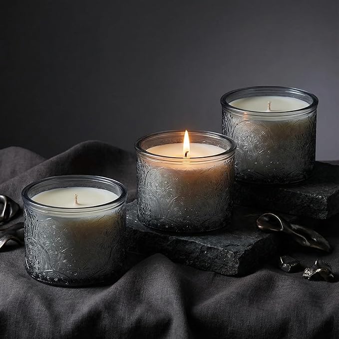 10 oz Embossed Glass Candle Container with Bamboo Lids and Labels, Gray Candle Jars for Making Candles, Mandala Design - Pack of 9