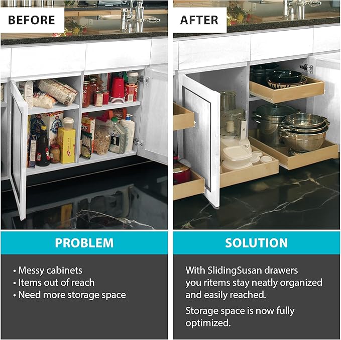 SlidingSusan Pull Out Drawer Organizer for Cabinets, Gliding Soft Close Shelves for Kitchen, Pantry, Bathroom, & Storage Organization, Hard Rock with MDF Core, 14 Inch Wide x 18 Inch Deep