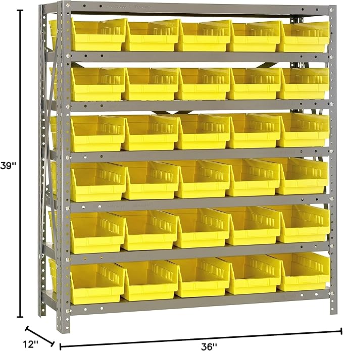 Quantum Storage Systems 1239-102YL Steel Shelving Unit with 4" Shelf Bins, 12" D x 36" W x 39" H, Yellow
