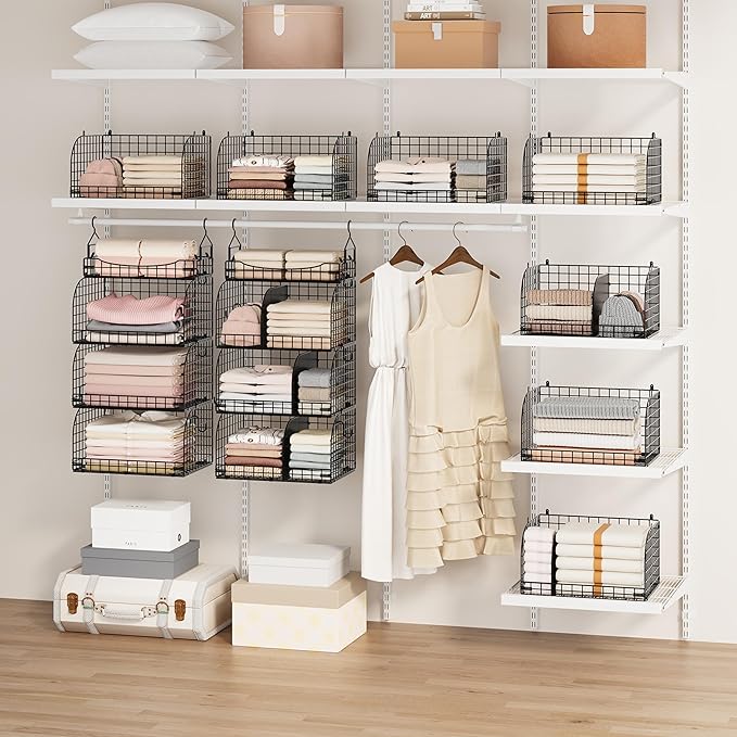 SWTYMIKI Hanging Closet Organizer Storage - 4 Tier Metal Stackable Hanging Closet Shelves with Dividers and S Hooks, Foldable Clothes Shelves for Clothes, Pants, Shoes, Coat, Hats Clutches Accessories