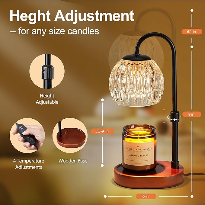 Dreamholder Candle Warmer Lamp, Glass Electric Wax Melter Warmer Lamp with Timer & Dimmer, Vintage Wax Warmer Adjustable Height Scented Candles, for Home Decor Gifts, Black