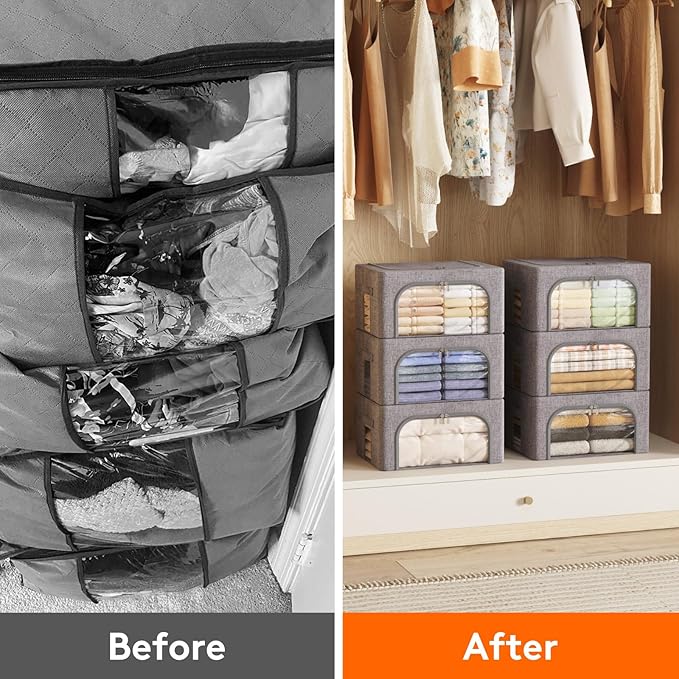 Lifewit Clothes Storage Bins with Metal Frame, Stackable Storage Box, Foldable Clothing Storage Bins with Lids, 25L Storage Bags Fabric Box Organizer with Clear Window＆ Zippers＆ Sturdy Handles 6 Pack