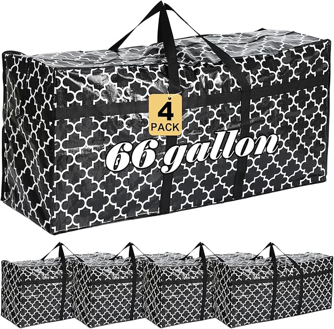 4 Pcs 66 Gallon Large Moving Bags with Zipper and Handles Christmas Tree Bags Foldable Heavy Duty XXL Totes for Christmas 4ft 5ft Tree Skeleton Blankets Storage(Plaid)