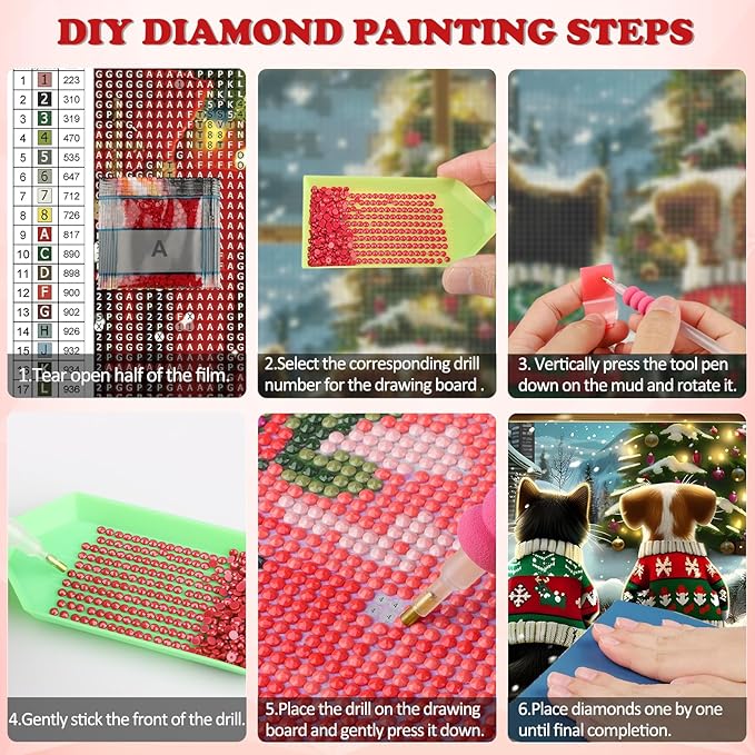 DOMROM Christmas Diamond Painting Kits, Dog and Cat 5D Diamond Art Kits,Gem Art Painting with Diamonds Dots, Arts and Crafts for Beginners Adult Wall Decor 12 x 16inch