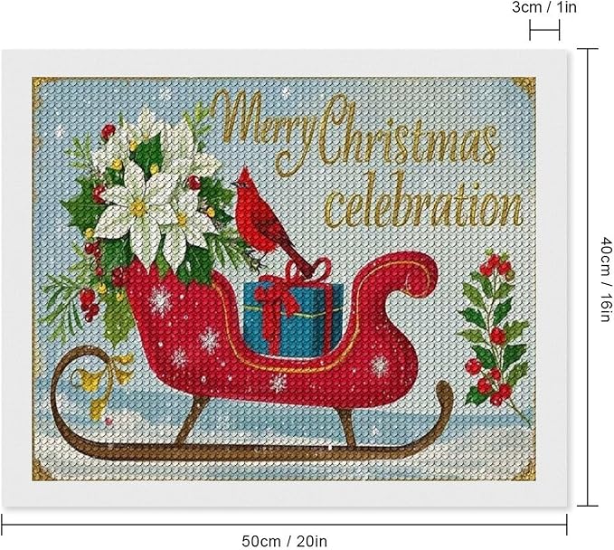 Diamond Painting Kits for Adults - Red Sleigh with Poinsettias, Cardinal Bird Merry Christmas Painting DIY 5D Full Drill Diamond Dots Paintings with Diamonds Gem Art And Crafts Home Decor 16"x20"