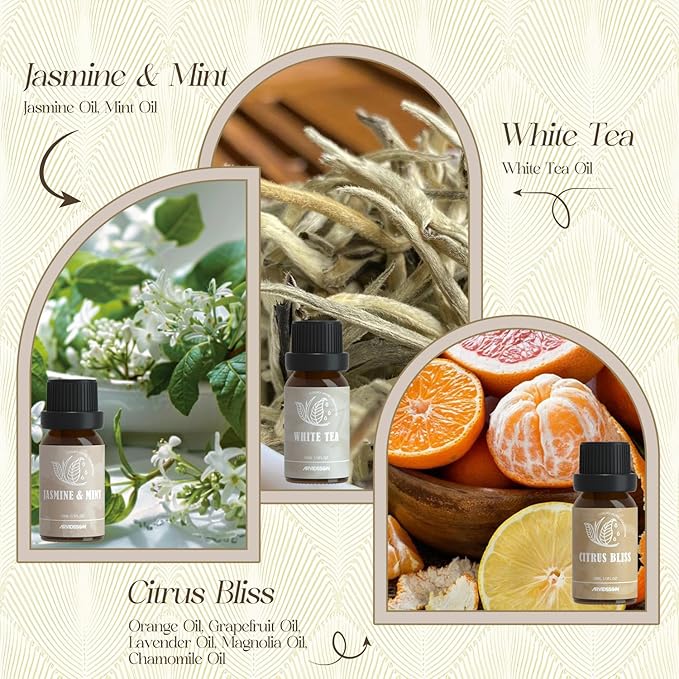 ARVIDSSON Hotel Diffuser Oils Gift Set, Hotel Scent Essential Oils for Diffuser, Luxury Fragrance Oil Blend - Jasmine & Mint, White Tea, Citrus Bliss, M-Way, Fancy Lobby, Gift for Women and Men