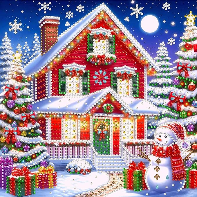 5D Snowman Xmas House Special Shape Diamond Art Kits for Beginners, Christmas Winter Theme Diamonds Painting Kits for Adults,DIY Crystal Rhinestones Diamond Paintings for Home Wall Decor 12×12Inch
