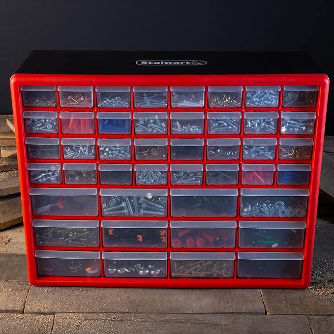 Set of Two Storage Bins with Drawers – Pair of 44 and 24 Drawer Desktop or Wall Mount Plastic Tool Organizers for Hardware or Crafts by Stalwart (Red)