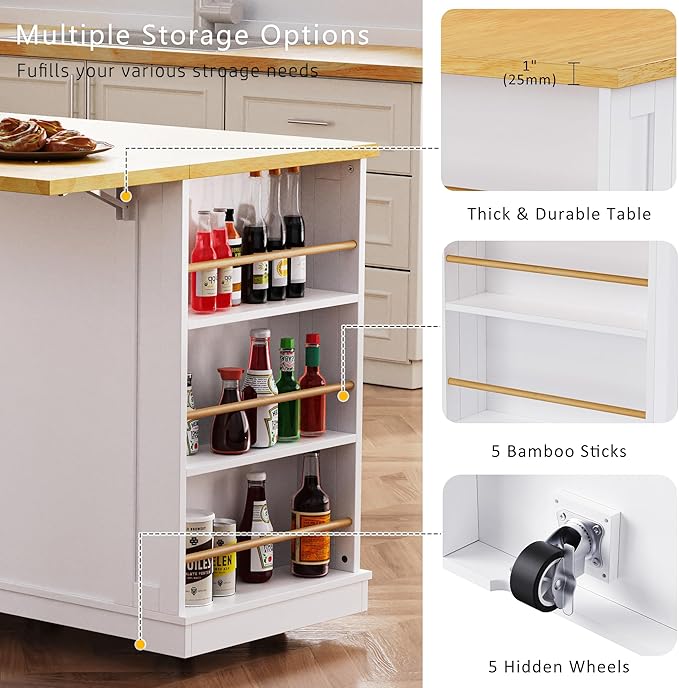 Kitchen Storage Island on Wheels with Drop Leaf & Power Outlet, Rolling Kitchen Island Cart with Open Side Racks, Door Shelves and Towel Bar, 53-Inch, White