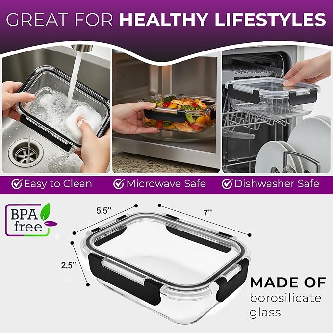 Glass Food Storage Containers Bowls with Airtight Snap Locking Lids for Meal Prep Leftovers Baking Lunch Boxes Dish (Black, 21oz Rectangle 4 Pack)