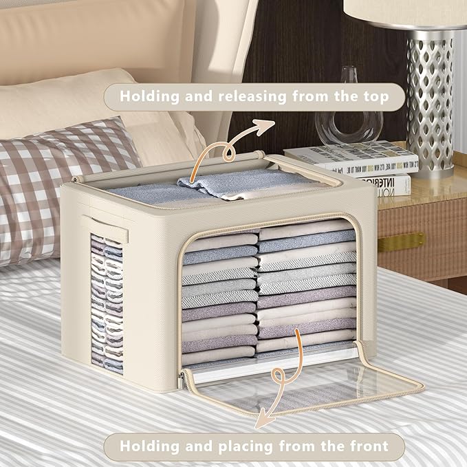 CYhom 3Pack Frame Storage Box - Clothes Storage Bin Bags Oxford Fabric Foldable Stackable Container Organizer Set with Clear Window & Carry Handles (Beige, X-Small-36L)