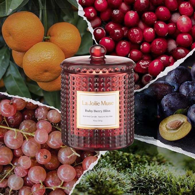 LA JOLIE MUSE Ruby Berry Bliss Scented Candle| Mandarin, Cranberry & Plum | 10 oz Festive Candle | 55 Hours Clean Burn | Gift for Hosts & Gathering | Elegant Home Decor