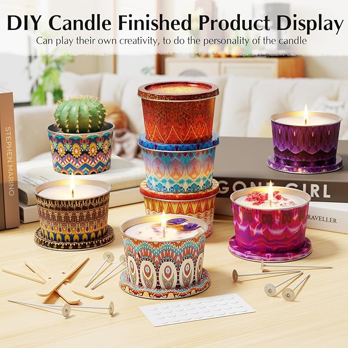Happyhube Empty Candle Tins for Making Candles, 24 Pack 2.5 oz Metal Containers, Travel-Friendly Rust-Proof Tins with Lids, 24 Patterns Jars(Colourful)