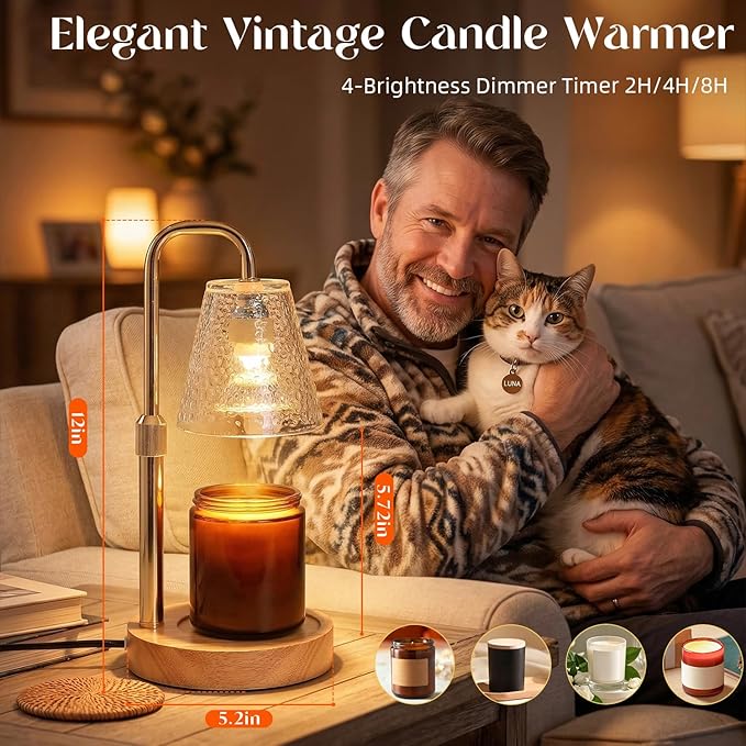 Glimra 2 Pack Candle Warmer Lamp with Timer,Dimmable Adjustable Height Candle Heater Birthday Gifts for Women Mom Sister Friends,House Warming Gifts New Home Candle Lamp Warmer with 4 Bulbs