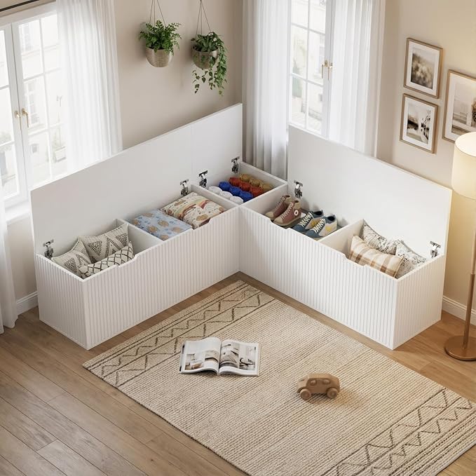 L-Shape Bench with Cushion,Backless Wood Kitchen Breakfast Corner Bench with Hidden Storage,Corner Dining Bench for Entryway,Dining Nook, Kitchen,Cloakroom,White