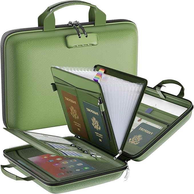 Fireproof File Organizer with Lock, Hard Case Fireproof Document Box with 13 Pockets Accordion File Folder, Important Document Organizer for Letter A4 Files Laptop Passports (Green)